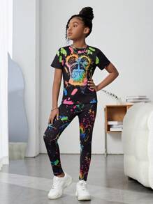 SHEIN Ensemble t-shirt à col rond et short pour jeune fille préado, simple et décontracté, avec portrait imprimé, idéal pour l'été, les vacances et les voyages