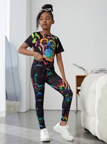 SHEIN Ensemble t-shirt à col rond et short pour jeune fille préado, simple et décontracté, avec portrait imprimé, idéal pour l'été, les vacances et les voyages