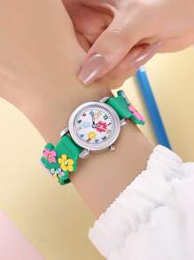 1入組兒童綠色PVC錶帶時尚花卉圖案圓形錶盤石英手錶適合日常裝飾 - 綠色 - 查看 3