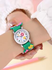 1入組兒童綠色PVC錶帶時尚花卉圖案圓形錶盤石英手錶適合日常裝飾 - 綠色 - 查看 4