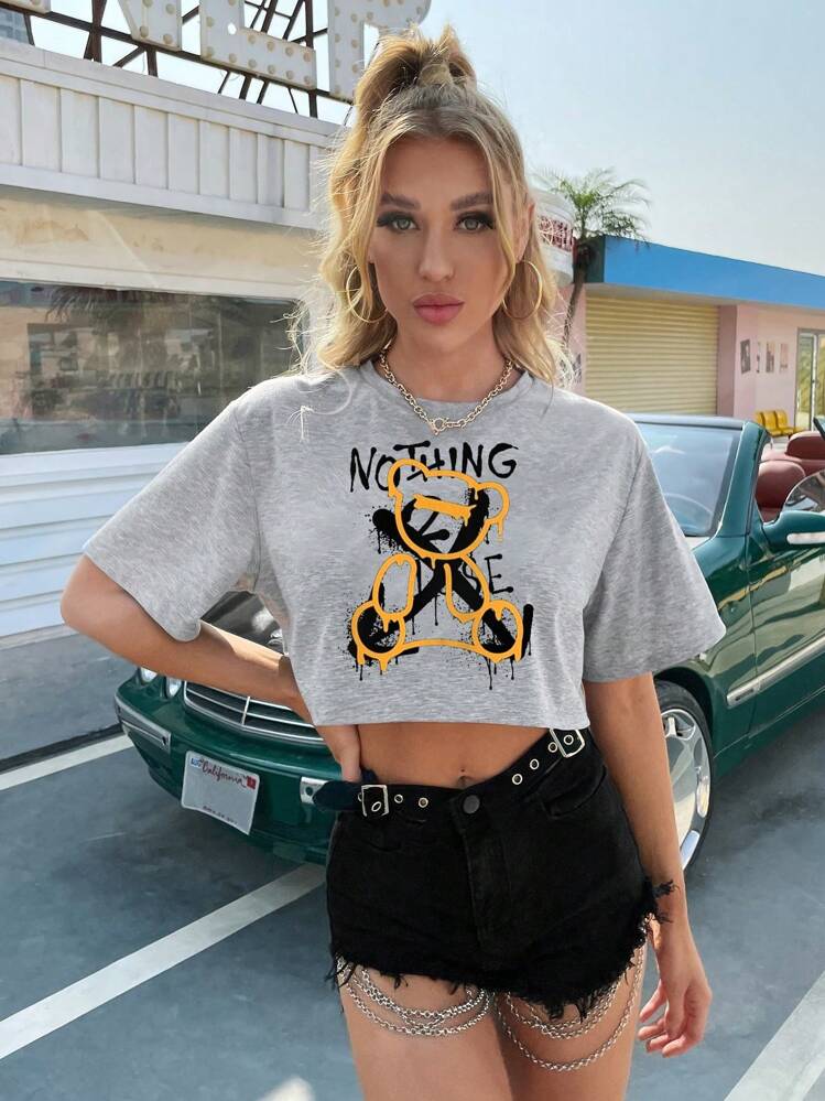 SHEIN Unity Casual Spotprent Tekst T-shirt - Grijs - Bekijken 1