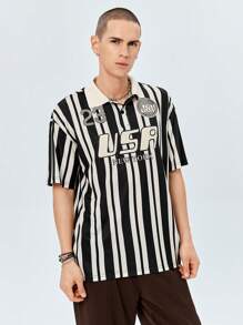 ROMWE MEN Street Life Guys Striped Letter Graphic Polo Shirt - Multicolor - View 3
