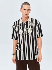 ROMWE MEN Street Life Guys Striped Letter Graphic Polo Shirt - Multicolor - View 4