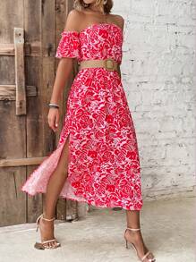 SHEIN VCAY 滿版植物印花一字肩高衩連衣裙不附腰帶 - 紅色 - 查看 3