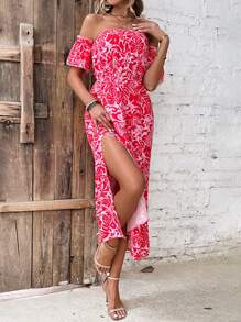 SHEIN VCAY 滿版植物印花一字肩高衩連衣裙不附腰帶 - 紅色 - 查看 4