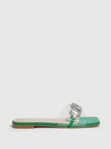 CUCCOO TILAWA Women Rhinestone Decor Single Band Flat Sandals, Glamorous TPU Slides - Green - View 3