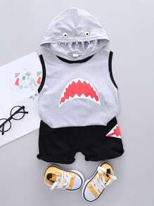 SHEIN Toddler Boys Cartoon Graphic Hooded Tank Top With Shorts - Multicolor - View 1