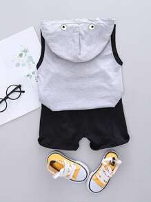 SHEIN Toddler Boys Cartoon Graphic Hooded Tank Top With Shorts - Multicolor - View 2