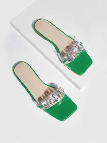 CUCCOO TILAWA Women Rhinestone Decor Single Band Flat Sandals, Glamorous TPU Slides - Green - View 5