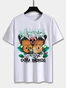 ROMWE MEN Guys Butterfly & Letter Graphic Drop Shoulder Tee - White - View 1