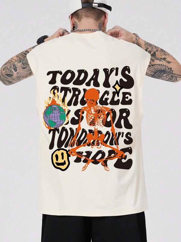 ROMWE MEN Street Life Men Slogan & Skeleton Graphic Tank Top, School