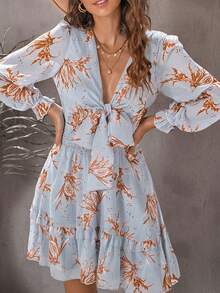 CILKOO Floral Print Knot Front Flounce Sleeve Ruffle Hem Dress - Blue - View 4