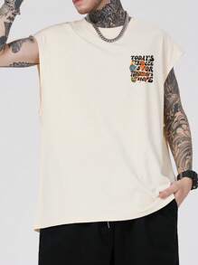 ROMWE MEN Street Life Men Slogan & Skeleton Graphic Tank Top, School - Khaki - View 4