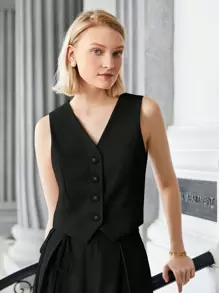 BizChic Women's V-Neck Button Front Sleeveless Vest Basic Top, Urban Commute Minimalist Fashion Basic Business Casual Outerwear Top, Office Wear In Fall/Winter - Black - View 4