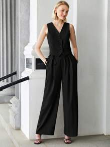 BizChic Women's V-Neck Button Front Sleeveless Vest Basic Top, Urban Commute Minimalist Fashion Basic Business Casual Outerwear Top, Office Wear In Fall/Winter - Black - View 5