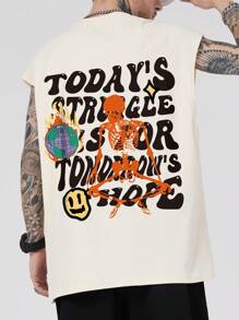 ROMWE MEN Street Life Men Slogan & Skeleton Graphic Tank Top, School - Khaki - View 6