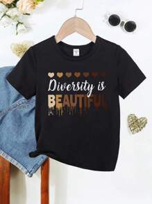 SHEIN 少女1件休閒短袖t恤,有心形和口號印花 - 黑色 - 查看 1