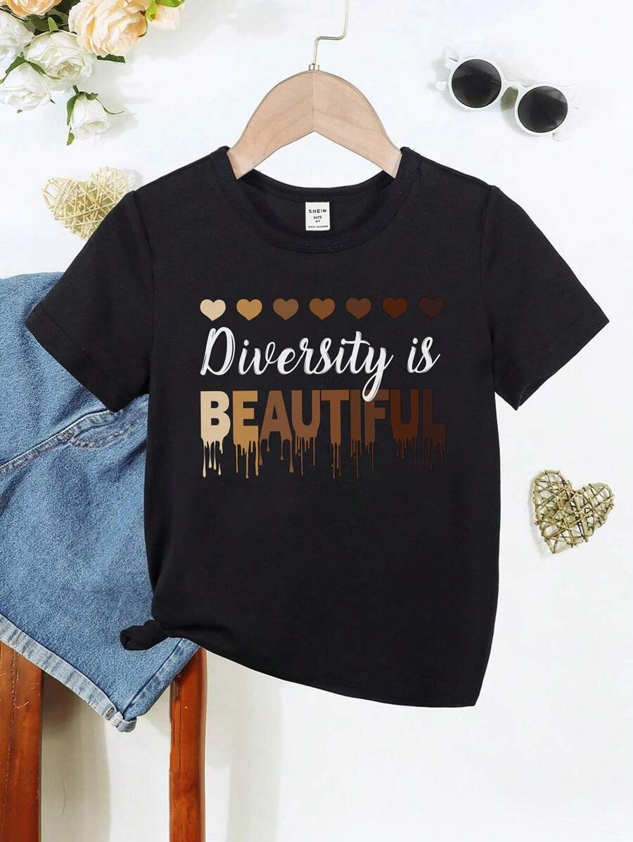 SHEIN 少女1件休閒短袖t恤,有心形和口號印花 - 黑色 - 查看 1