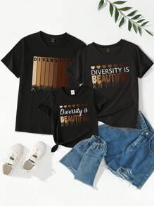 SHEIN 少女1件休閒短袖t恤,有心形和口號印花 - 黑色 - 查看 3