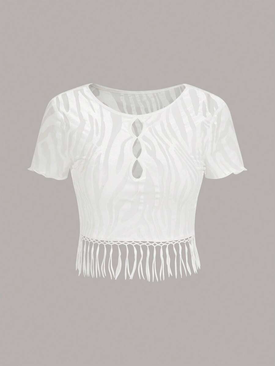 SHEIN ICON Western Cowgirl Cut Out Fringe Hem Crop Top - White - View 1