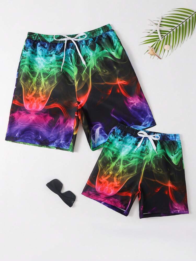 Tween Boy 1pc Smog Print Drawstring Waist Swim Shorts