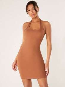 SHEIN BASICS Vestido De Punto Acanalado Sólido Ajustado Al Cuerpo - Marrón - Ver 1