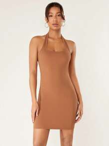 SHEIN BASICS Vestido De Punto Acanalado Sólido Ajustado Al Cuerpo - Marrón - Ver 3