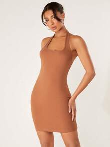 SHEIN BASICS Vestido De Punto Acanalado Sólido Ajustado Al Cuerpo - Marrón - Ver 4