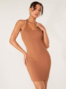 SHEIN BASICS Vestido De Punto Acanalado Sólido Ajustado Al Cuerpo - Marrón - Ver 5