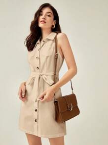BizChic Cotton Button Front Belted Shirt Dress Workwear - Khaki - View 1