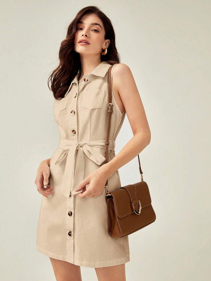 BizChic Cotton Button Front Belted Shirt Dress Workwear - Khaki - View 1
