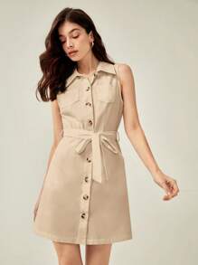 BizChic Cotton Button Front Belted Shirt Dress Workwear - Khaki - View 3