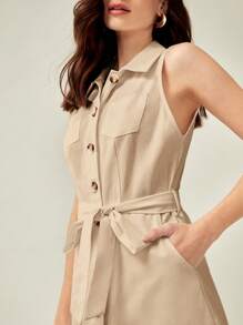 BizChic Cotton Button Front Belted Shirt Dress Workwear - Khaki - View 4