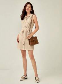 BizChic Cotton Button Front Belted Shirt Dress Workwear - Khaki - View 5
