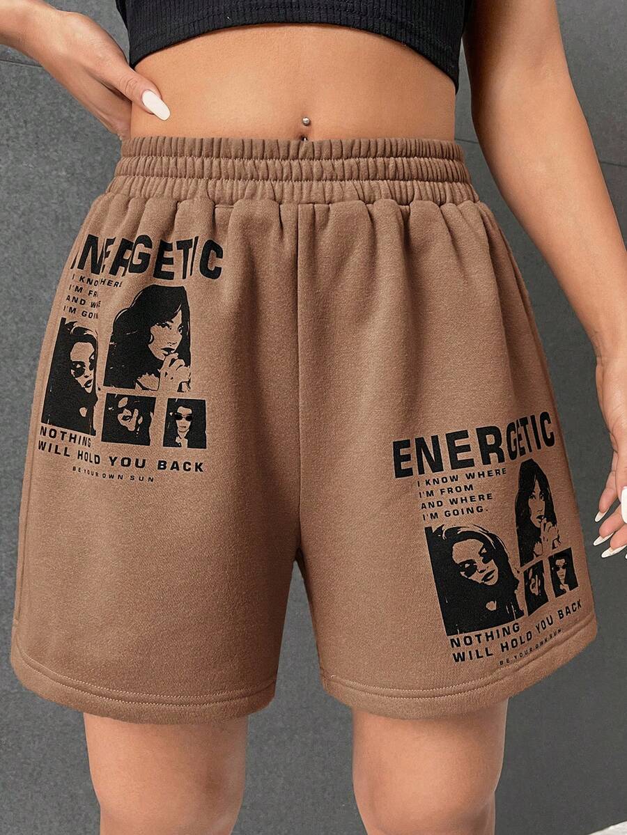 SHEIN EZwear 人物和標語圖案短褲 - 棕色 - 查看 1