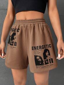 SHEIN EZwear 人物和標語圖案短褲 - 棕色 - 查看 5