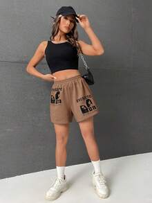 SHEIN EZwear 人物和標語圖案短褲 - 棕色 - 查看 6