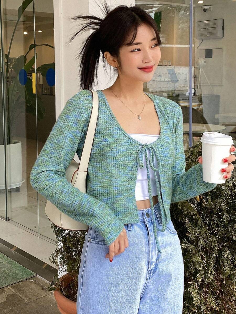 DAZY Space Dye Tie Front Crop Top Without Cami Top Long Sleeve Women Tops - Mint Green - View 1