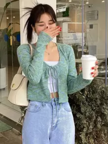 DAZY Space Dye Tie Front Crop Top Without Cami Top Long Sleeve Women Tops - Mint Green - View 5