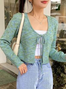 DAZY Space Dye Tie Front Crop Top Without Cami Top Long Sleeve Women Tops - Mint Green - View 7