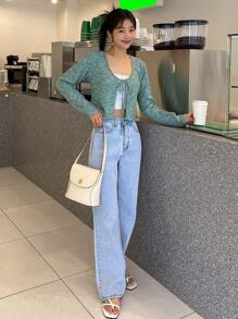 DAZY Space Dye Tie Front Crop Top Without Cami Top Long Sleeve Women Tops - Mint Green - View 8