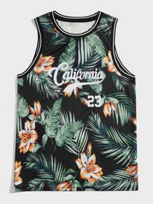 ROMWE MEN Street Life Men Tropical & Letter Graphic Striped Trim Tank Top, Basketball Jersey Style - Multicolor - View 1
