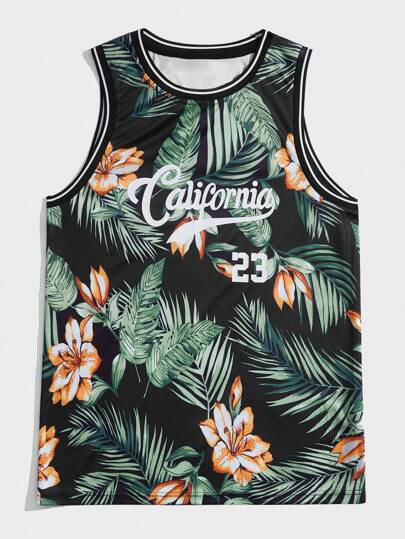 Street Life Men Tropical & Letter Graphic Striped Trim Tank Top, Basketball Jersey Style