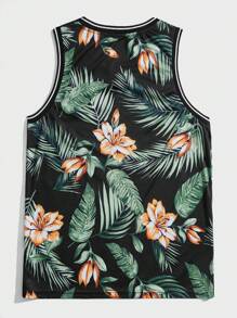 ROMWE MEN Street Life Men Tropical & Letter Graphic Striped Trim Tank Top, Basketball Jersey Style - Multicolor - View 2