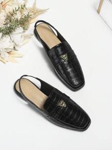 2025 Autumn Women's Fashion Metal Buckle Square Toe Flat Mule Slingback Backless Comfy Casual Shoes - Black - View 7