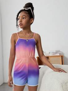 SHEIN 女孩漸層撞色滾邊吊帶連體短褲 - 彩色 - 查看 5