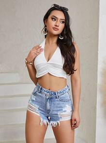 SHEIN EZwear Ripped Raw Hem Denim Shorts - Light Wash - View 3