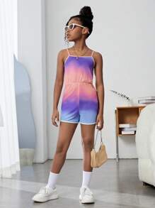 SHEIN 女孩漸層撞色滾邊吊帶連體短褲 - 彩色 - 查看 4