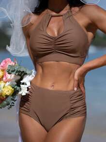 聚集式露背高腰夏季海灘比基尼套裝 - 咖啡棕 - 查看 3