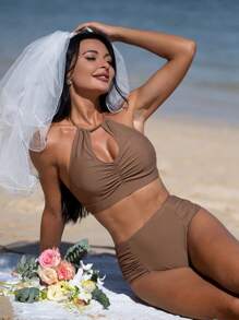 聚集式露背高腰夏季海灘比基尼套裝 - 咖啡棕 - 查看 4